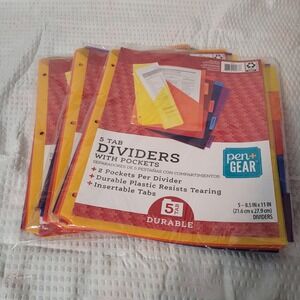 Pen+Gear 5 Tab Dividers with Pockets Durable Plastic Multi-Color 3-Pack Set